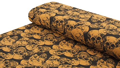Baumwoll - Sweat Stoff angeraut Sculls Totenköpfe schwarz ocker - Meterware ab 25 cm x 155 cm - Stoff zum Nähen