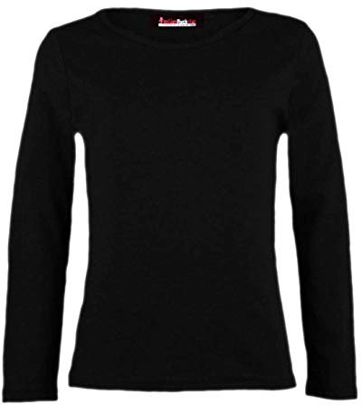 Girls Plain Tops Long Sleeve Basic Stretch Round Neck T-Shirt School Tee Top Black 11-12 Years