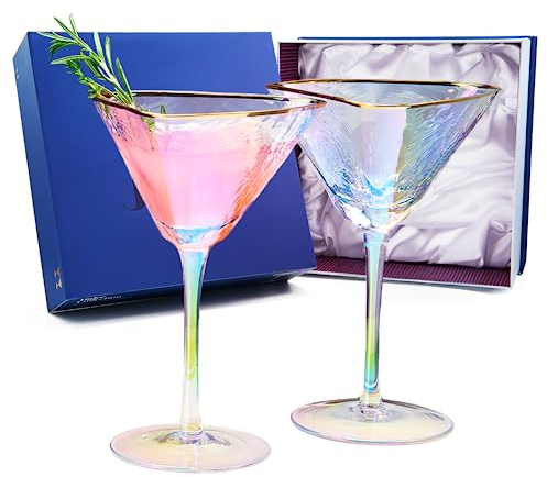 Iridescent Lustered Hammered Martini Glasses - Set of 2 - Gold Rim 8 oz Colorful Balloon Stemmed Glassware - Festive Anniversaries, Birthday Gift, Cocktail Party Radiance - Unique Wine Barware