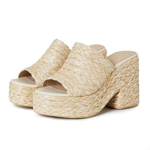 CYNLLIO Platform Sandals for Women Espadrilles Wedegs Open Toe Heels Raffia Woven Slides Chunky Heeled Boho Shoes for Summer Beach Vacation Size 8
