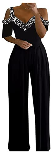 RMBLYfeiye Jumpsuit Damen Lang Rundhals Schulterfrei Jumpsuit Elegant Für Hochzeit Hohe Taille Mesh Cover Jumpsuit Mit Geradem Bein Hosenanzug Damen Business Hosenanzug Damen Festlich Hochzeit