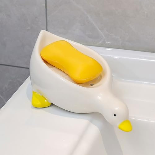DCQRY Porte-savon en céramique auto-drainant en forme de canard mignon avec égouttoir, support de savon pour douche, salle de bain, baignoire, évier de cuisine