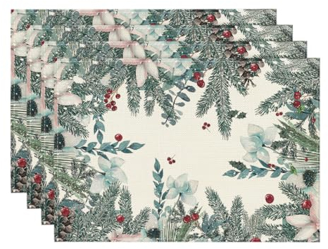 Artoid Mode Holly Eukalyptus Mistletoe Weihnachten Platzsets 4er Set, 30x45cm Winter Tischset Waschbar Platzdeckchen Küche Party Deko