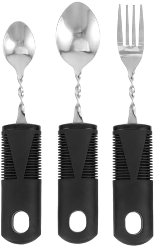 PRETYZOOM Adaptive Utensils Set 3pcs Bendable Cutlery Set Easy Grip Silverware Curved Angled Spoon and Fork Set Self Feeding Tableware for Disabled Elderly Patients