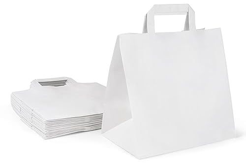 Inoverse 250 Stück Papiertragetaschen, Geschenktüten, 26+17x25 cm Papiertüten mit Henkel, Weiß Kraftpapier Tüten, Papier Tragetasche, Papiertaschen, Papiertüten Klein
