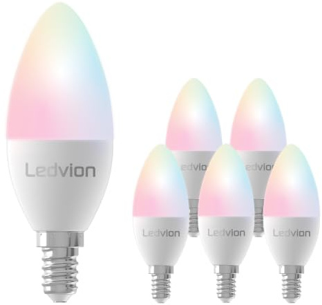 Ledvion 6x Smart RGB+CCT E14 LED lampe 5W Wi-Fi Beleuchtung Dimmbar 470Lm | Steuere Licht per App oder Sprache und nutze Szenen oder Zeitpläne für den Alltag zuhause