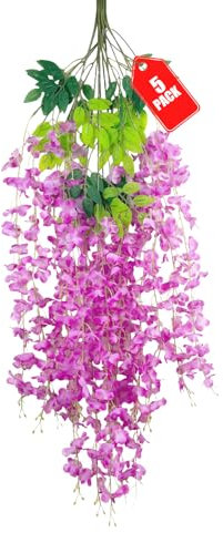 ZEBMOON 5 Stück lila rote Glyzinien hängende Blumen, künstliche Glyzinien-Girlande, Reben für Hochzeit, Zimmer, Hintergrund, Outdoor, Terrasse, Garten, Dekoration