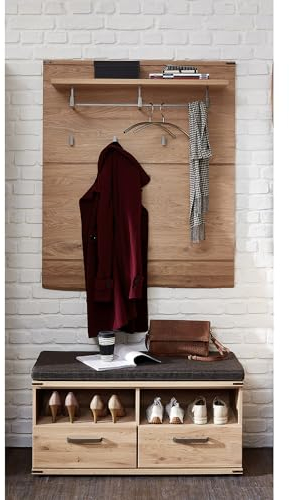 Lomadox Garderoben-Set mit Garderobenpaneel und Sitzbank in braun | Flurgarderobe in Wildeiche teilmassiv