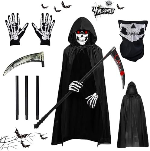 AOMAIGAD Halloween Disfraz de Parca, Disfraz de Parca, Disfraz de Grim Reaper con Sombrero, Guantes, Hoz, Disfraz de Muerte,para Halloween Fiesta Carnival Costume Cosplay (Adulto-B)