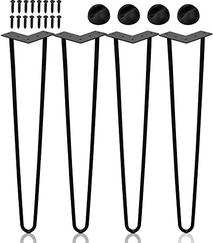 SWANEW Lot de 4 pieds de table en métal noir avec 2 pieds en épingle à cheveux, pour bureau, table et table basse avec protections de sol et vis (45 cm)