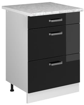 Vicco Küchenunterschrank R-Line, Schwarz Hochglanz/Weiß, 60 cm mit Schubladen, AP Marmor