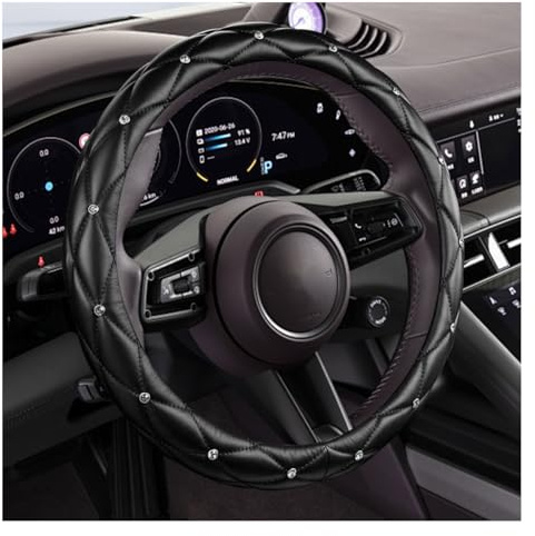 Diamond Soft Leather Bling Lenkradhülle, Universal Auto Lenkradschutz mit Kristall Strass 15 Zoll Anti-Rutsch Innenzubehör für Damen LKW SUV (Schwarz)