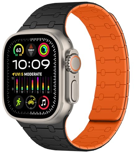 Amizee Kompatibel mit Apple Watch Armband 49mm 46mm 45mm 44mm 42mm 41mm 40mm 38mm, Silikon Magnetisch Sport Loop Armband für iWatch Ultra 2/Ultra Serie 10 9 8 7 SE 6 5 4 (49/46/45/44/42, Schwarz/OG)