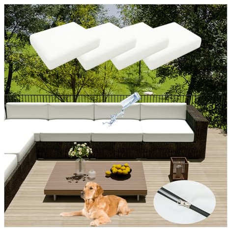 HonunGron Set da 4 Pezzi Impermeabile Federe per Cuscino da Esterno per Esterni e Patio, Federe per Cuscini con Cerniera per L/Angolo Divano Copricuscini per Giardino Rattan (60 * 55cm,Bianco)