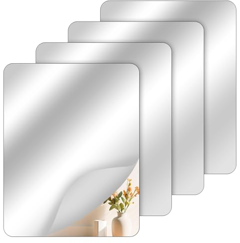 WHENZOO 4 Pack Self Adhesive Mirror Stickers - 30x20cm Acrylic Mirror Sheets, Stick On Mirrors for Wardrobe Doors, School Mirror Flexible Mirror Sheets for Home Living Room Bathroom Bedroom Decor