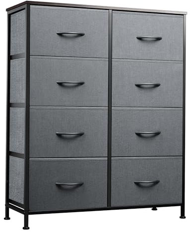 WLIVE Kommode mit 8 Schubladen aus Stoff, Kommodenschrank für Schlafzimmer, Kommode Wohnzimmer, mit Stabiler Stahlrahmen, Holzplatte, Dunkelgrau