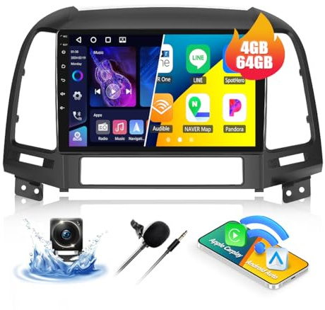 CAMECHO 4G+64G Android 15 Radio de Coche para Hyundai Santa Fe 2006-2012 con GPS Carplay Android Auto, Pantalla de 9 Pulgadas con Bluetooth RDS 32EQ DSP Mirror Link+Cámara Trasera