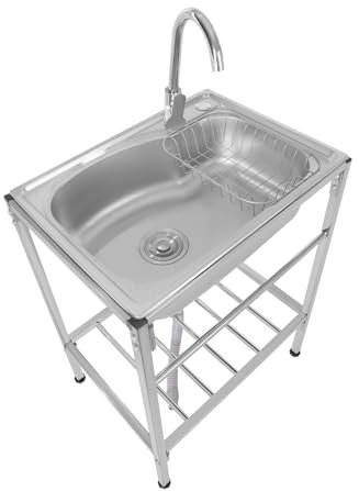 DAOHHFO Stainless Steel Restaurant Kitchen Sink Outdoor Kitchen Units 60 × 40 × 75 CM Portable Sink Kitchen Sink Free Standing, Stainless Steel Utility Sink with Hot and Cold Water Taps