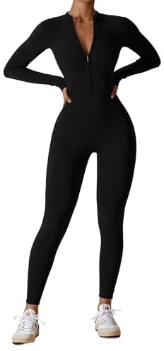 Belriviere Women Long Sleeve Workout Jumpsuit Romper | Full Zip Up, Bottom Pants Bodysuit, Bodycon Athletic Sexy One Piece Outfit for Yoga Gym