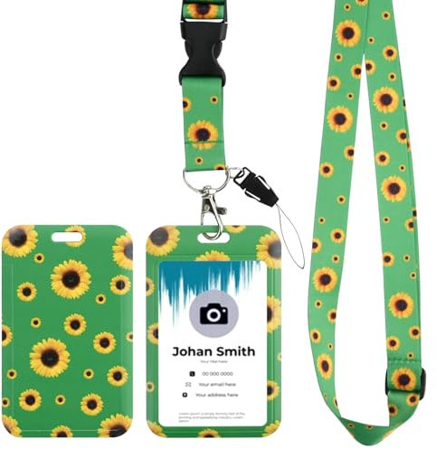 Sonnenblume Ausweishülle mit Band, Kartenhülle mit Schlüsselband, ID Card Holder Lanyard für Gepäckanhänger, Schlüsselkarte Einziehbare Badge für Frauen, Krankenschwester, Lehrer, Schüler (Green)