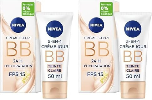 NIVEA BB Crème FPS 15 Teinte Claire (1 x 50 ml), Crème hydratante visage à l'huile de Jojoba BIO, Soin de jour FPS 15 pour unifier le teint et estomper les imperfections, hydratation 24h (Lot de 2)