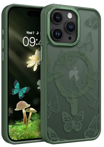 DUEDUE Magnetische Hülle für iPhone 15 Pro Kompatibel Mit MagSafe, Schmetterling Muster Design Stoßfest Schutzhülle Bumper Silikon Handyhüllen, 6,1 Zoll, Grün