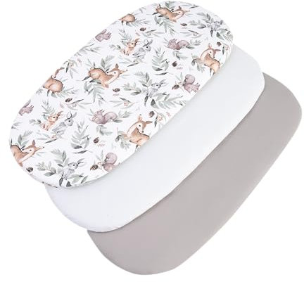 Medi Partners Baby Spannbettlaken Kinderwagen Laken 86x40 3-Pack Bettlaken Stubenwagen - 100% Baumwolle Fitted Sheet für Beistellbett Babybett Bezug (Hirsch in den Blättern-Weiß-Graue)