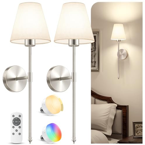VOLISUN Battery Operated Wall Sconce Set of 2, Rechargeable Wall Lights with 5200mAh Dimmable Detachable Charging Bulbs and Remote, 9 Color Temperature Wireless Sconces for Bedroom (Brushed Nickel)