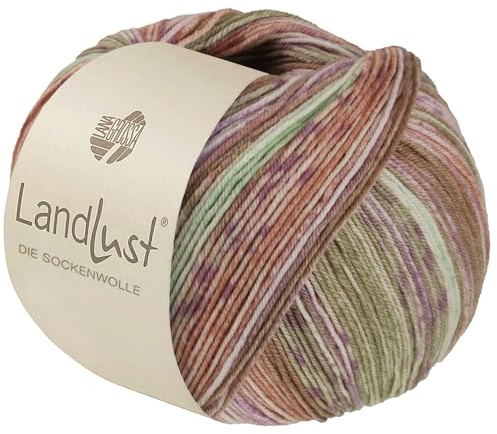 LandLust die Sockenwolle Seide 332 - Khakigrün/Beige/Flieder/Rosa/Pfirsich/Zartgrün Gestreift