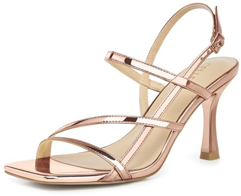 CELLENZ Women Strappy High Heels: Square Open Toe Slingback Sandals, Dressy Sexy Comfortable Kitten Heeled, Prom Party Wedding Black White Gold Nude