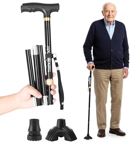 Trekology Foldable Walking Stick – Collapsible Folding Walking Stick for Men and Women with Quad Self-Standing Base, Non-Slip Handle & Lightweight Aluminum, Reliable Walking Sticks for Stability