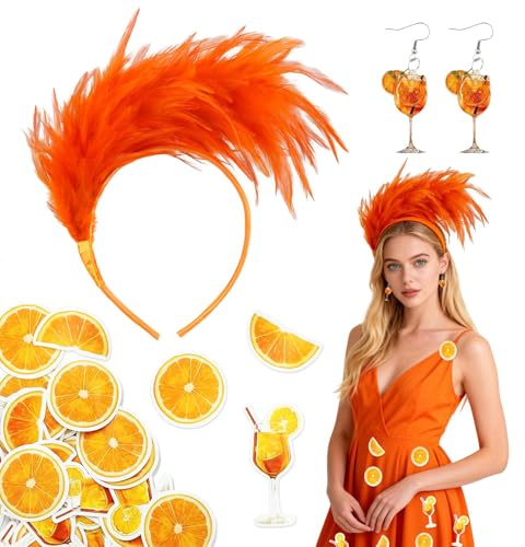 SANLIUSANJIU Aperol Kostüm Damen Accessoires Enthält Orange Ohrringe, Feder Haarreif, Orange Obst Cocktail Aufkleber für Weihnachten Fasching Karneval Mottoparty Cosplay