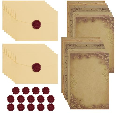 AOOSU Vintage Briefpapier mit Umschlag, 48 Stück Briefumschläge Briefpapier Set mit 16 Blatt A5 Briefpapier Kraft, 16 Leinenumschlag Umschlägen und 16 Wachssiegel, für Einladung und Liebesbrief