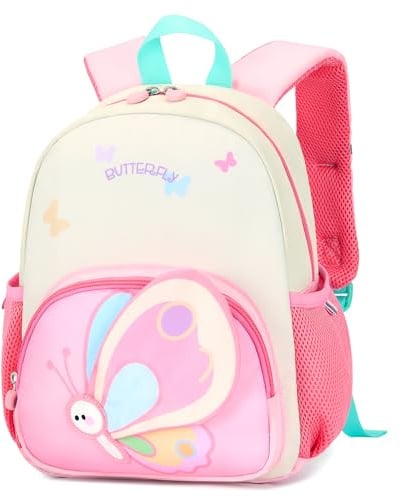 PROTAURI Rucksack Kinder für Mädchen, Kindergartenrucksack mit Brustgurt Kita Rucksack mit Reflektierend Wasserabweisend und Leicht Karikatur Tier Reise Tasche für 2-6 Jahre, Schmetterlings-Design