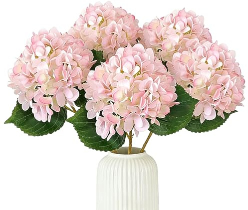 Hsyadazi Lot de 5 hortensias artificiels - Fleurs réalistes en soie sur tige unique (47 cm) pour vases et bouquets - Idéal pour mariage, décoration d'intérieur, fête et décoration extérieure (rose)