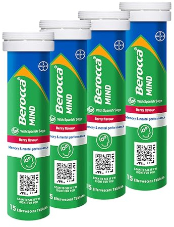 Berocca Mind Effervescent Tablets, Berry, 15 Tablets x 4 Pack | Including B Vitamins with Spanish Sage, Supports Memory & Mental Performance