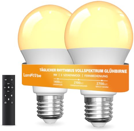 E27 LED Glühbirne Dimmbar Mit Fernbedienung, 9W Amber Warmweiß Licht | 2700K, 2100K, 1400K, Schlaftherapie, Tageslichtlampen blaulichtfreie Nachtleuchte, 1 Fernbedienung & 2 Glühbirne
