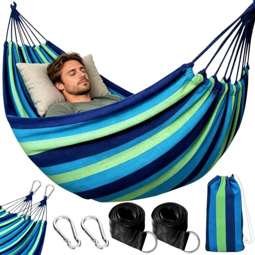 NXPZ Amaca da Campeggio Esterna, Amaca Doppia 200x150cm, Portata Massima 250kg, con Sacchetto da Trasporto, Cinghie in Nylon e Moschettoni, per Campeggio, Giardino, Interni, Balcone, Viaggio