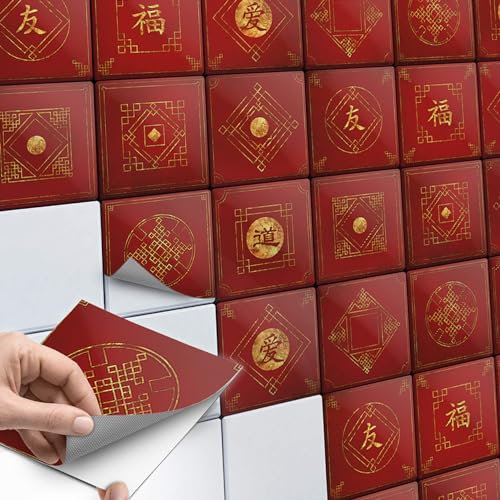Stickerfliesen für Küche u. Bad I Deko Fliesen-Aufkleber für Fliesenspiegel I Selbstklebende Dekor Klebe-Folie für Fliesen - einfach anzubringen I 20x20 cm - Motiv Chinese Tiles - 72 Stück