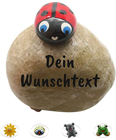 ANDYS STEINWELT Glücksstein ca. 8-9 cm mit Glückskäfer und Wunschtext in schwarzer Schrift personalisierbar - Glücksbringer aus Stein - Geburtstagsgeschenk - Mitbringsel bemalte Steine -