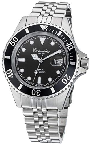 Eichmüller Taucheruhr Silber Lupe Herren Armbanduhr Taucher Uhr Edelstahl 20 ATM Miyota 2115 (Schwarz)