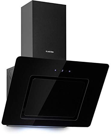 KLARSTEIN Sofia 60 - Cappa Aspirante, Inclinata, 60 cm, Classe Energetica B, 300 m³/h, Scarico, Ricircolo Opzionale, Luce LED, Touch-Control, Alloggiamento in Vetro, Cappa a Parete, Nero