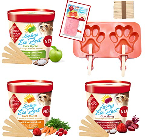 ChronoBalance® EIS für Hunde, Abkühlung für Hunde, Elektrolyte für Hunde, Hundeeis als Snack im Sommer, auch für Katzen geeignet - Verschiedene Geschmacksrichtungen (3 Sorten + Eisform)
