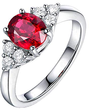 Bishilin Damen Ringe 750 Ehering Oval Rot Turmaline 1.25ct Hochzeitsring Weißgold Verlobungsring Diamant 0.24ct Gr.47 (15.0)