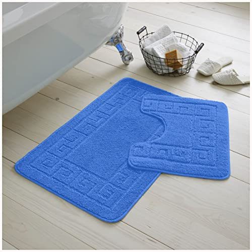 GC GAVENO CAVAILIA 2 Piece Washable Bathroom Mat, Extra Absorbent Anti Slip Bath Mats, Super Soft Toilet Rugs Set, Blue, (50x80, 50x40 cm) Regular