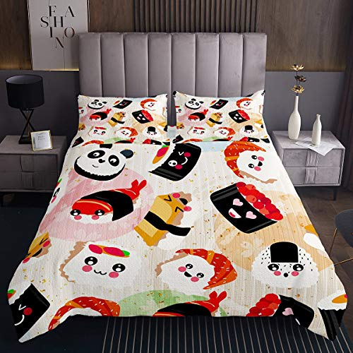 Sushi Gesteppte Bettdecke, Kinder Mädchen Kawaii Sushi Lächelnd Decke 170x210, japanische Tagesdecke, Panda Mädchenhaft Karikatur Stil Bettdecke Set für Jungen Teenager Kinderschlafsaal