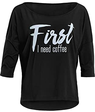 WINSHAPE Damen Ultra Leichtes Modal-3/4-arm Mcs001 Mit Weißem „first Need Coffee” Glitzer-aufdruck Yoga-Shirt, Schwarz-weiss, L EU
