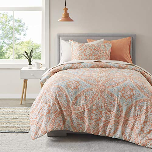 Comfort Spaces Bed in a Bag – Trendiges, lässiges Design, gemütliches Betttuch mit Seitentasche, Ganzjahresdecke, passende Kissenbezüge, Twin(167,6 x 228,6 cm), Gloria, Damast-Koralle, 6-teilig