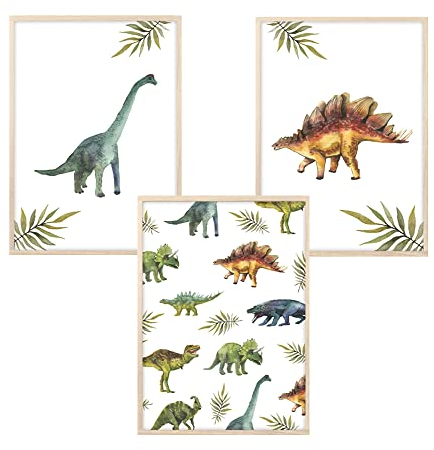 MeinBaby123® Dino Poster Kinderzimmer | Dinosaurier Poster 3er Set DIN A4 I Bilder Kinderzimmer Jungen | Dino Deko Bilder Kinderzimmer | Babyzimmer Deko (Dino Poster Set - 2)