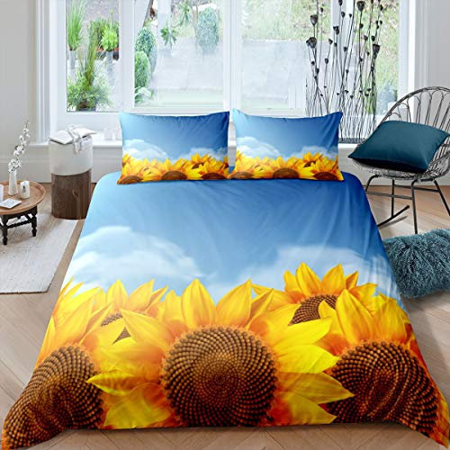 Homemissing Les Filles SunFleur Sets de Housse de Couette Girl Floral Print Parure de Lit 140x200cm Blossom Fleurs Pattern Housse de Couette Bright Jaune Blue Botanical Décor de Chambre